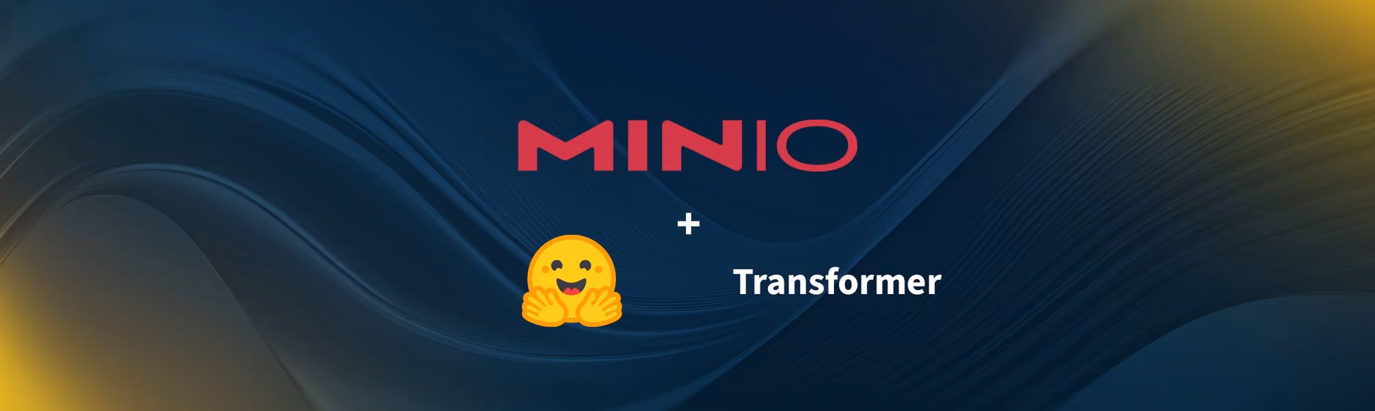 MINIO logo with hugging face emoji and word Transformer on wavy dark blue background.