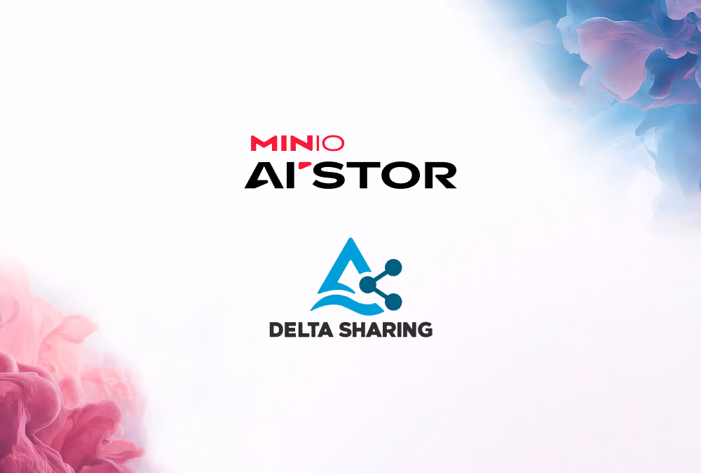 Logos for MinIO AIStor and Delta Sharing on a white background with colorful abstract shapes.