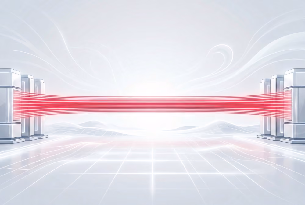 Abstract digital servers connected by glowing red data streams in a futuristic grid environment.