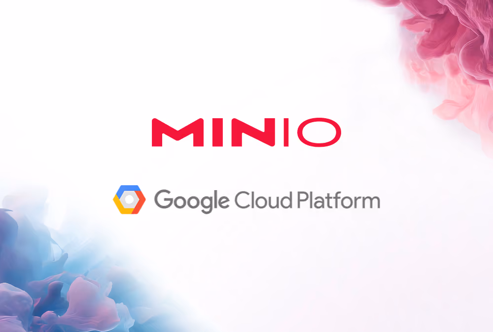 MINIO logo above Google Cloud Platform logo with colorful abstract background.