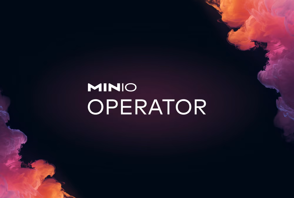 MinIO Operator text in white on a dark background with pink and orange smoke clouds on edges.