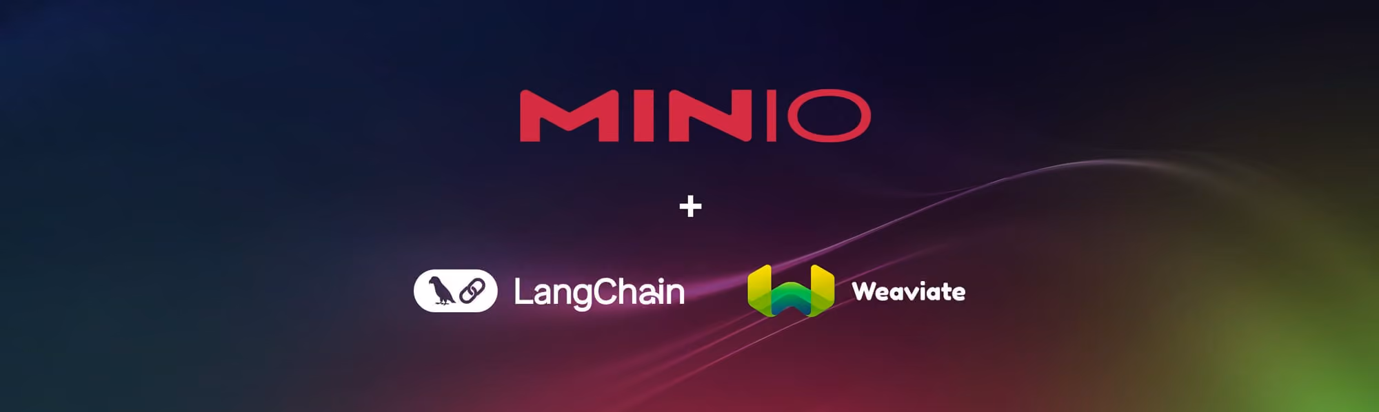 Minio logo above LangChain and Weaviate logos on a dark gradient background with light streaks.