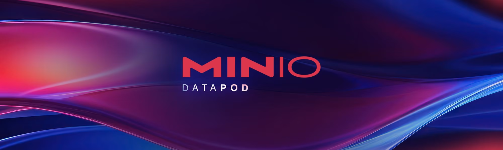 MinIO DataPOD logo with red and white text over a flowing purple and blue abstract background.