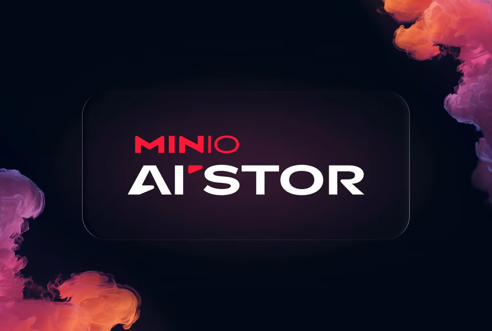 MinIO AIStor logo on a dark background with colorful smoke effects on corners.
