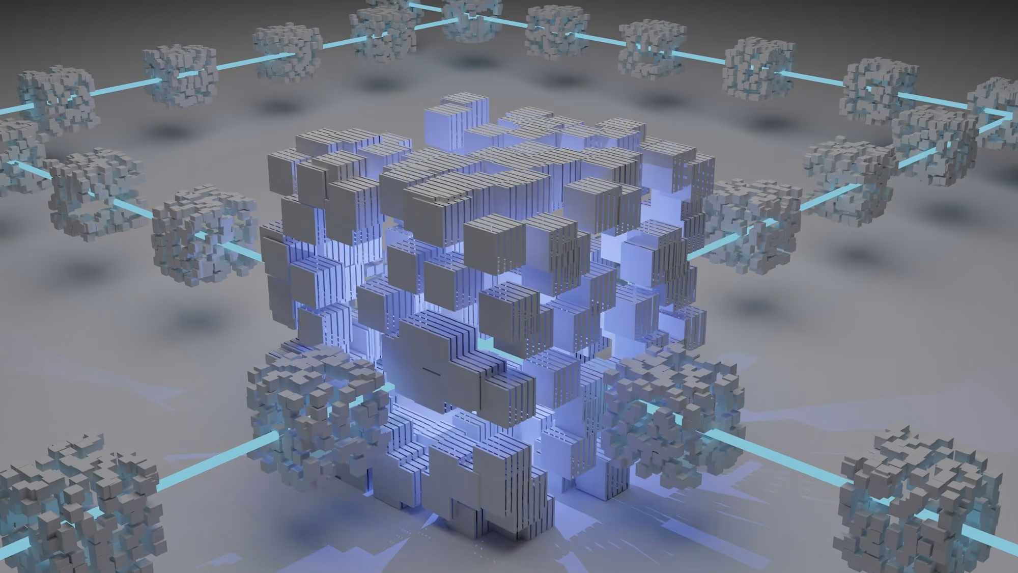3D abstract cube made of smaller interconnected glowing cubes linked by light blue beams.