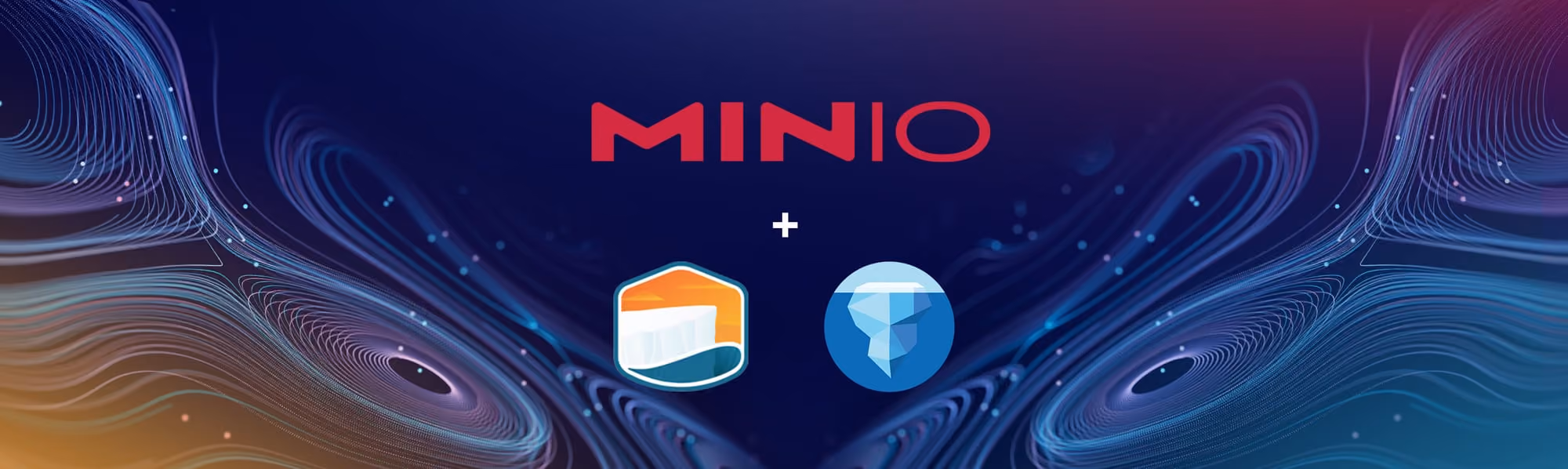 MINIO text above two logos on a dark background with colorful wave-like patterns and dots.