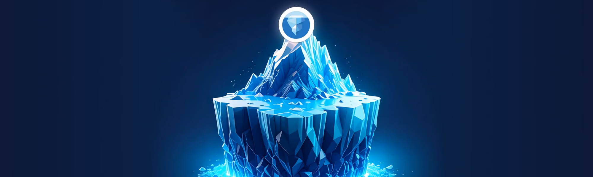 3D blue iceberg floating on water with a geometric shield symbol above its peak.