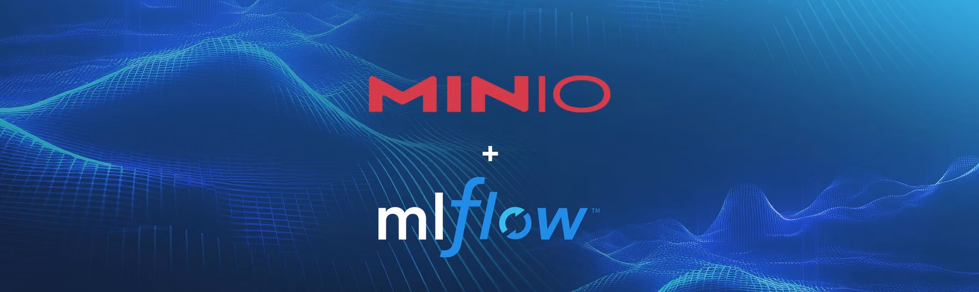 MINIO and mlflow logos over blue digital wave background symbolizing integration or collaboration.
