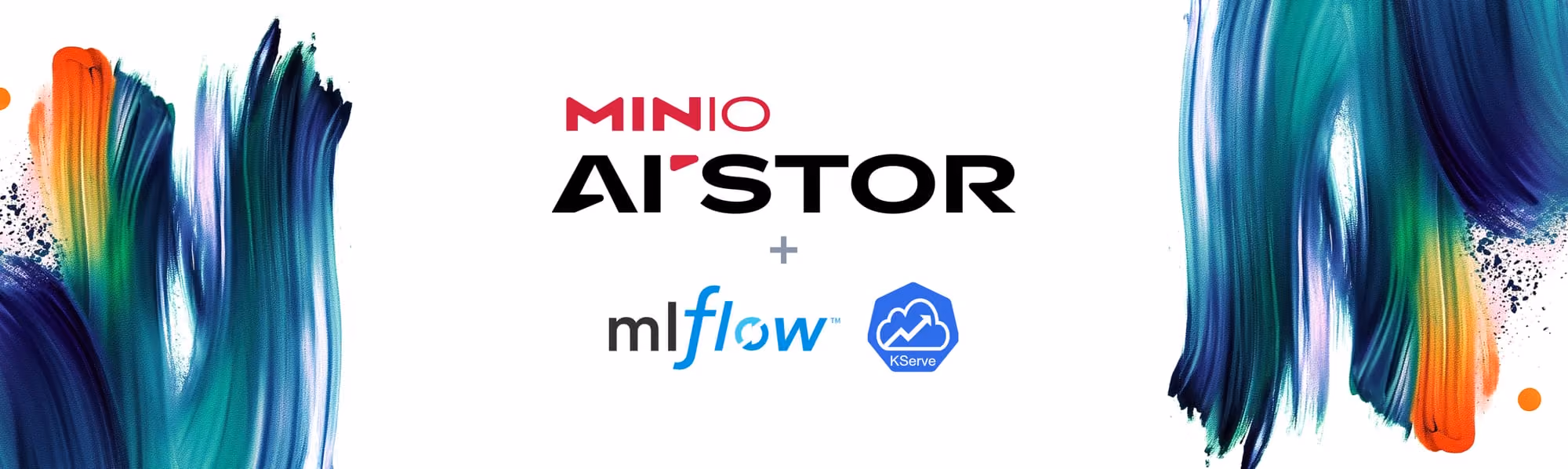 Logos for MinIO AIStore, mlflow, and KServe with colorful brush strokes on sides.