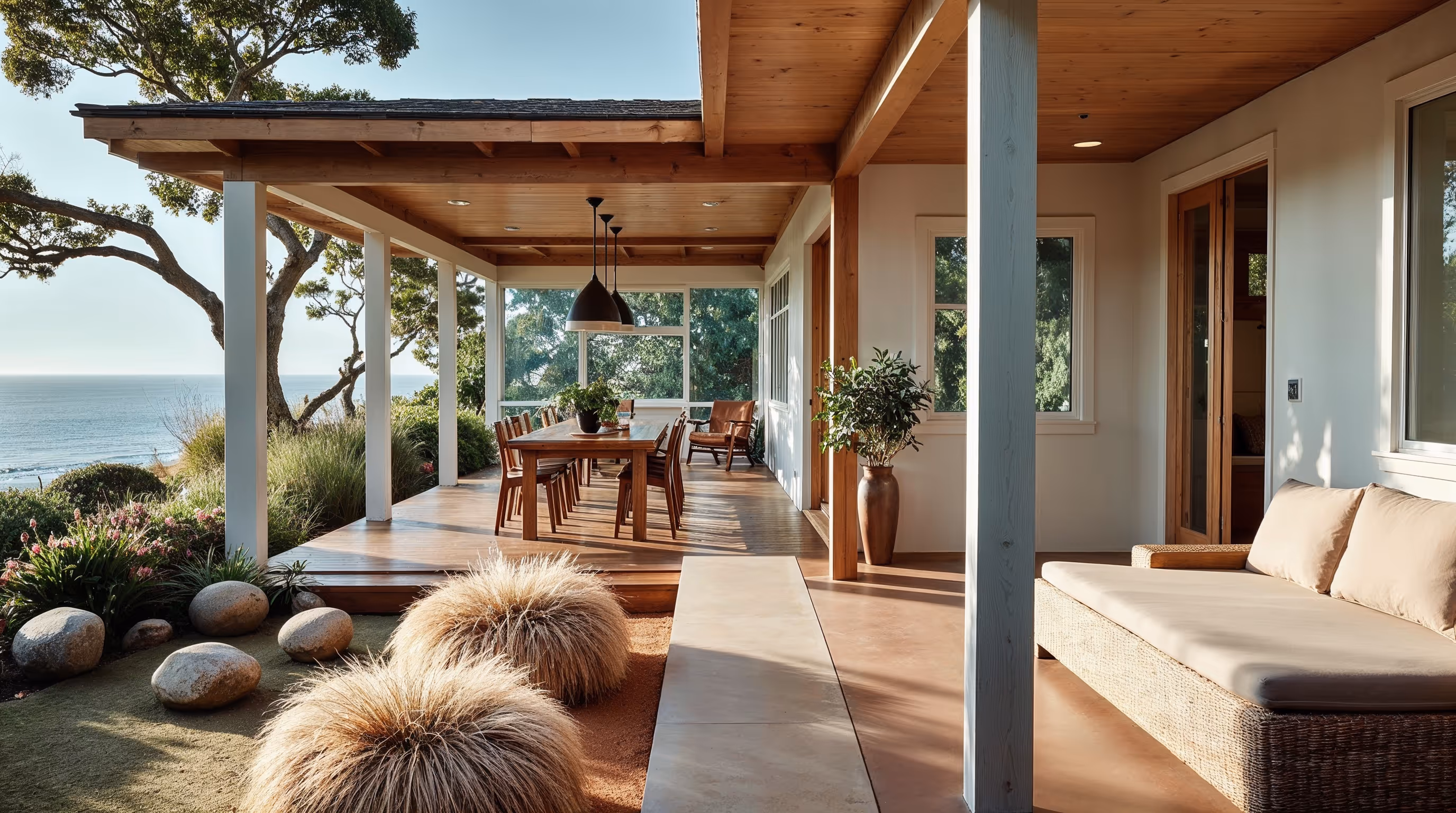 The front porch of a modern California coastal residence.