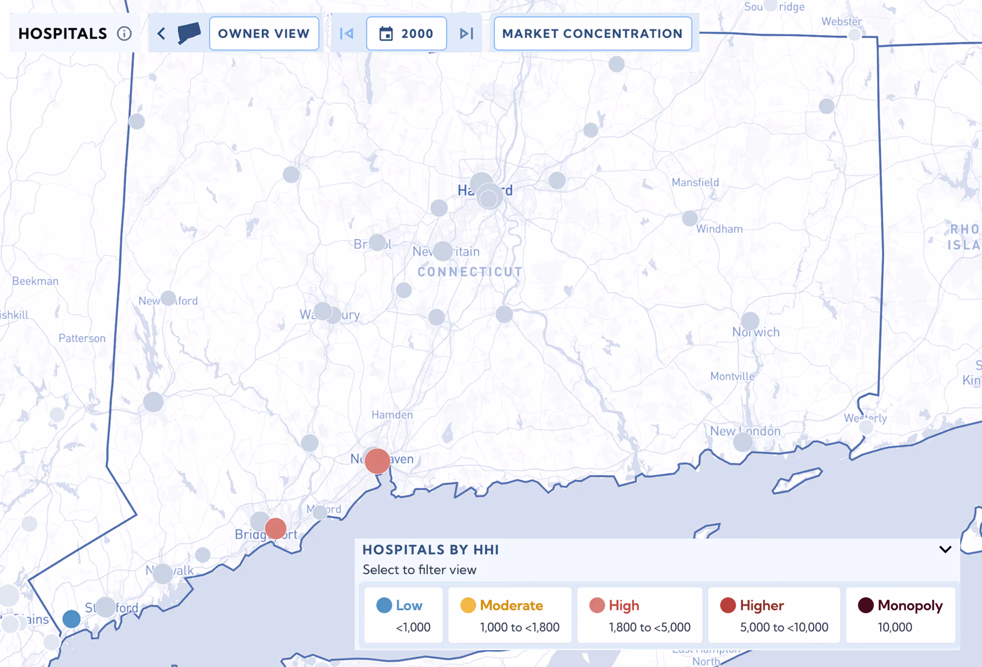 Map showing the Yale New Haven Health System in 2000 with 3 hospitals in the system.