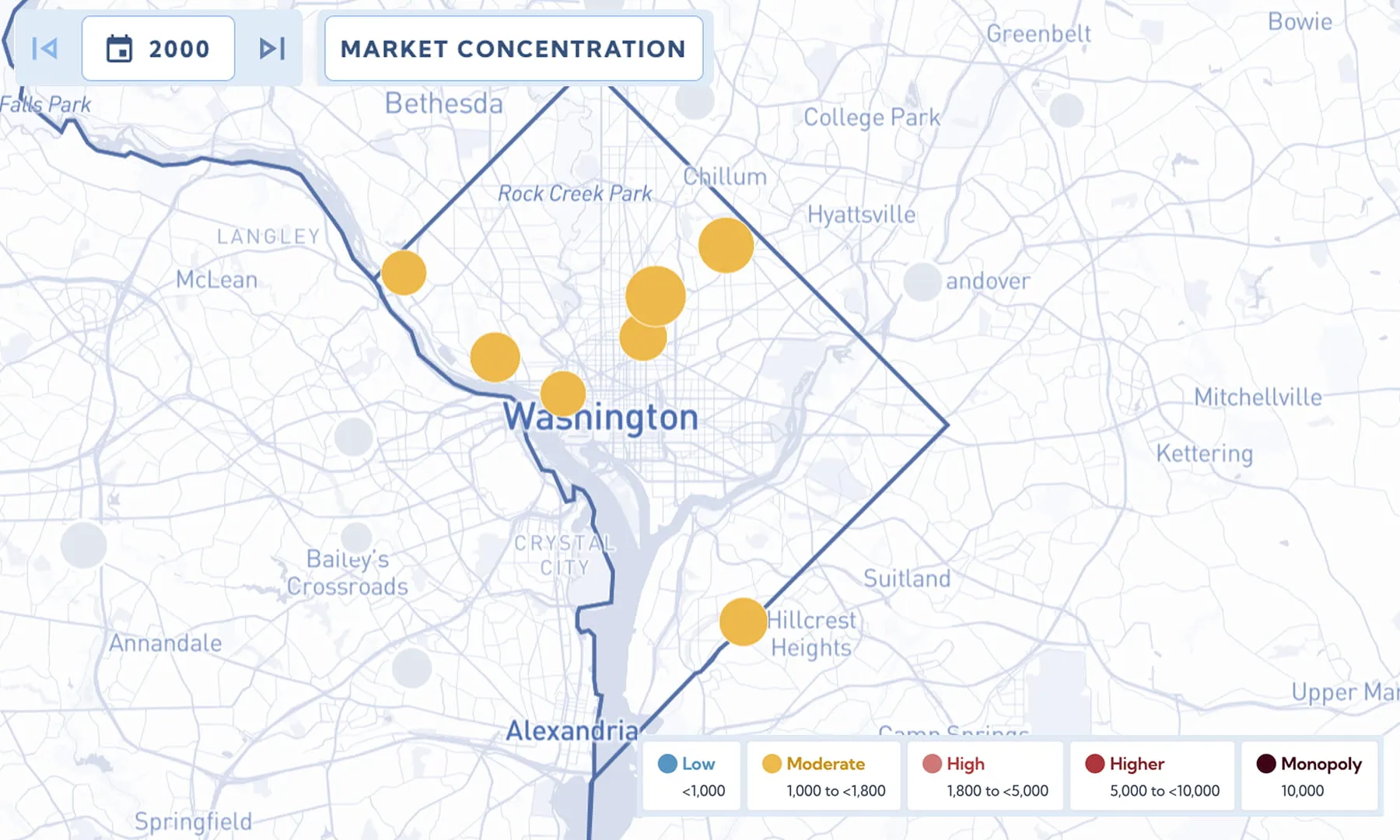 Map of District of Columbia hospital markets in 2000, showing 7 hospitals all at moderate concentration.