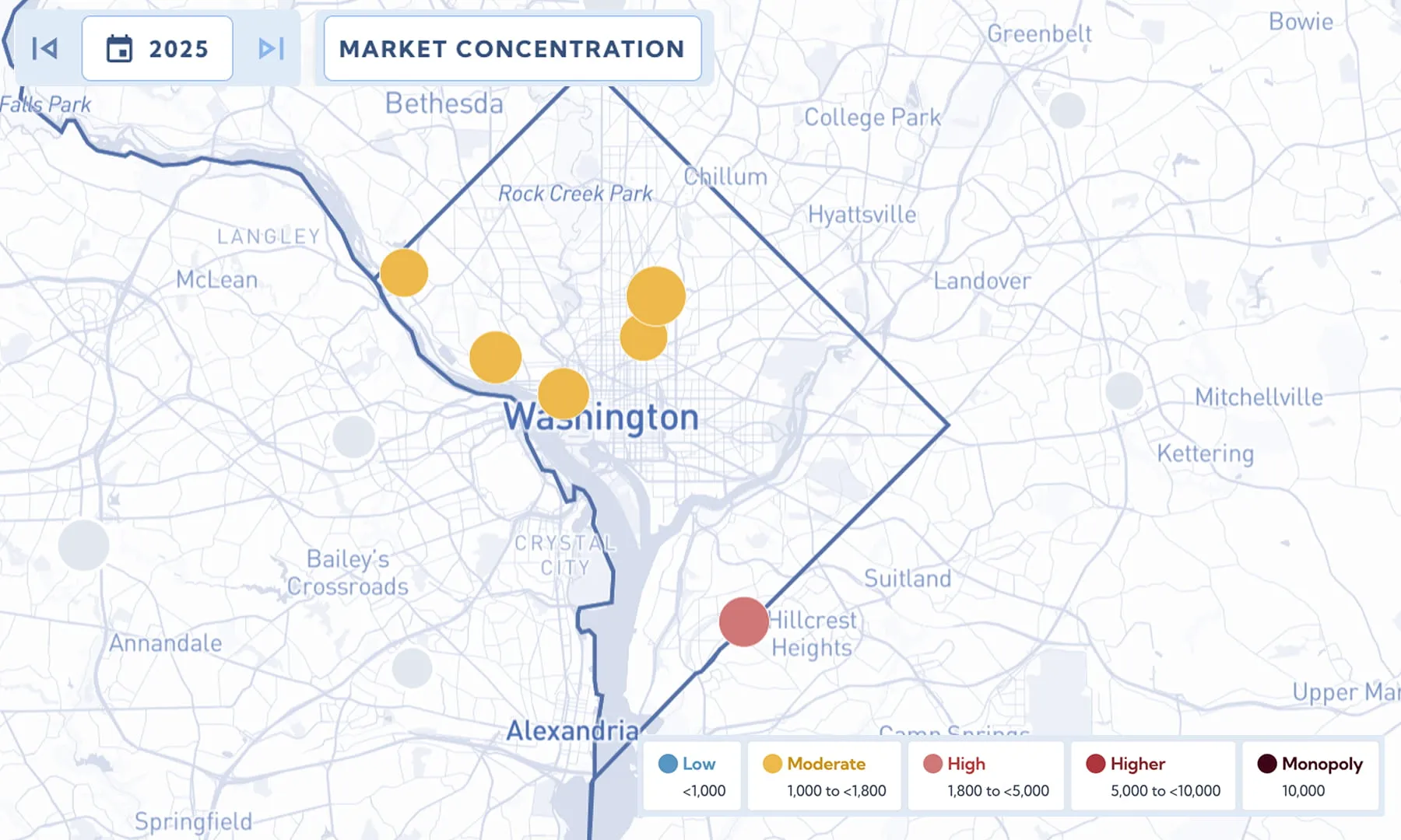 Map of District of Columbia hospital markets in 2025, showing 6 hospitals with most at moderate concentration and one at high.
