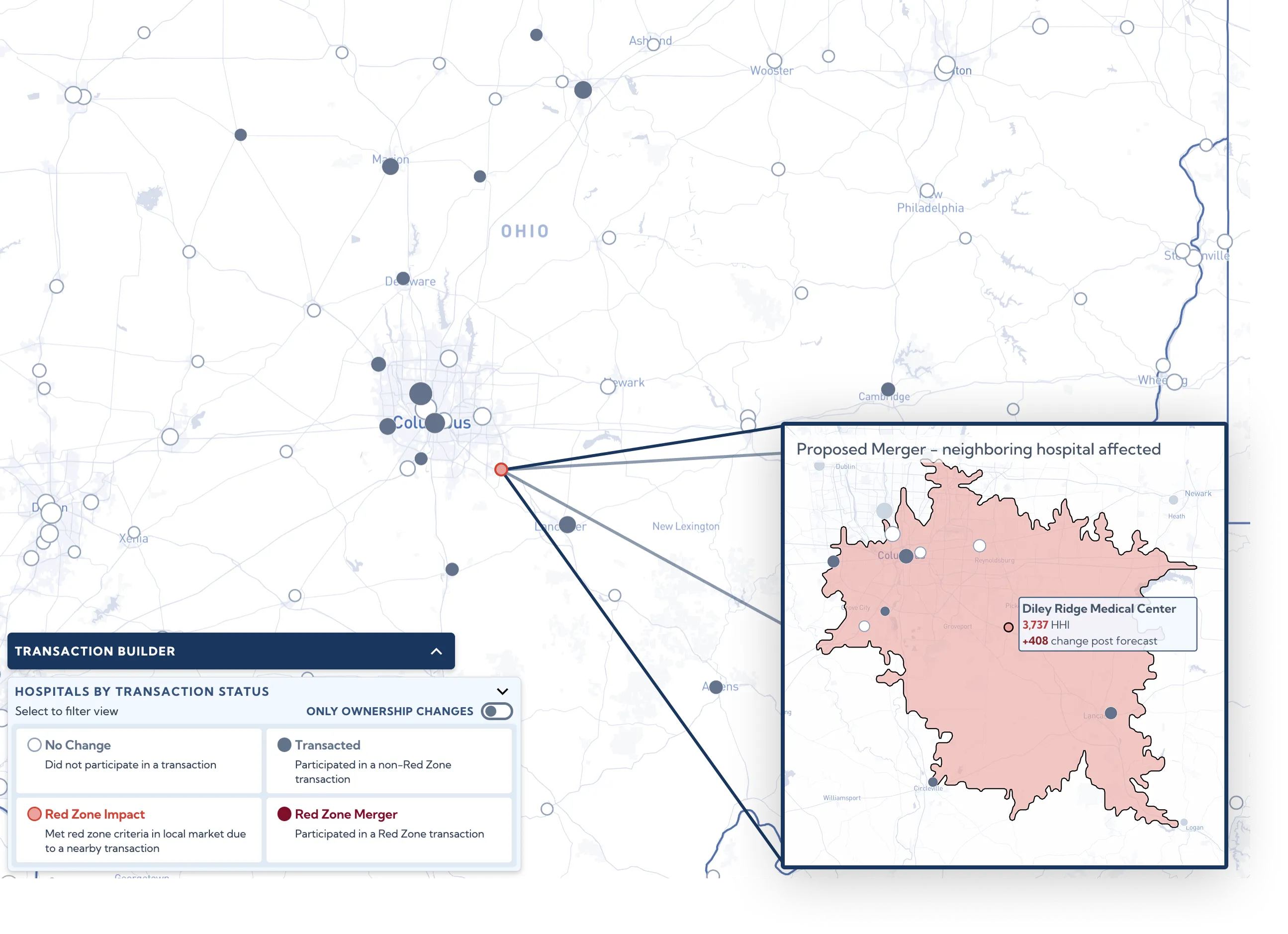 Forecast map showing proposed OhioHealth and Fairfield Medical Center merger impact on hospital markets, with callout for Diley Ridge Medical Center
