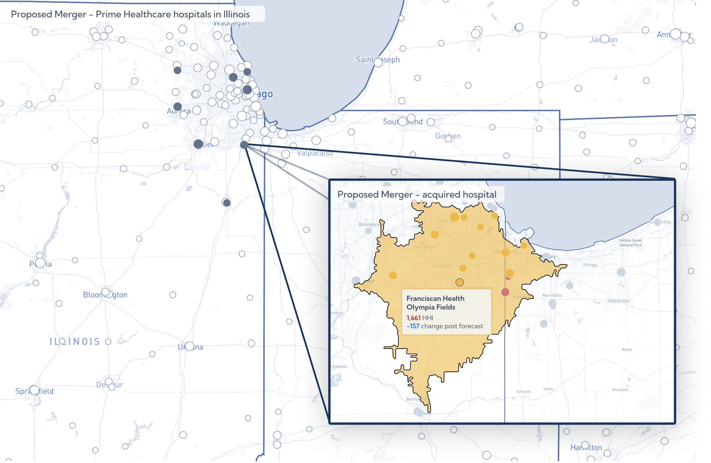 Forecast map showing proposed Prime Healthcare and Franciscan Health Olympia Fields merger impact on hospital markets in the Illinois area