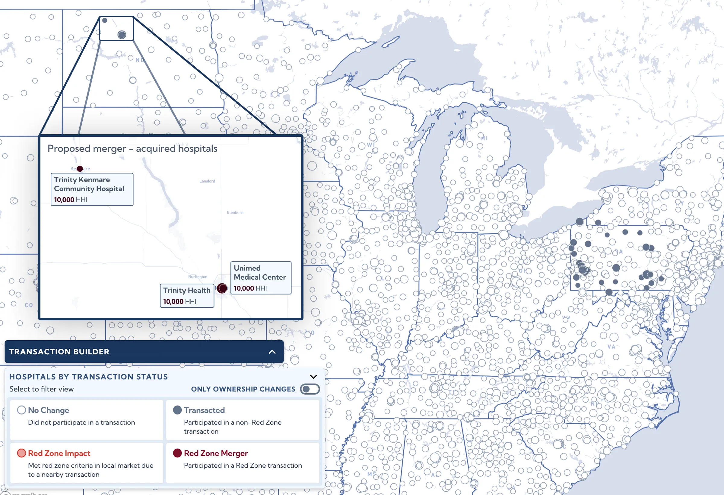 Forecast map showing proposed UPMC and Trinity Health System merger across the eastern United States, with callouts for three Trinity hospitals at 10,000 HHI