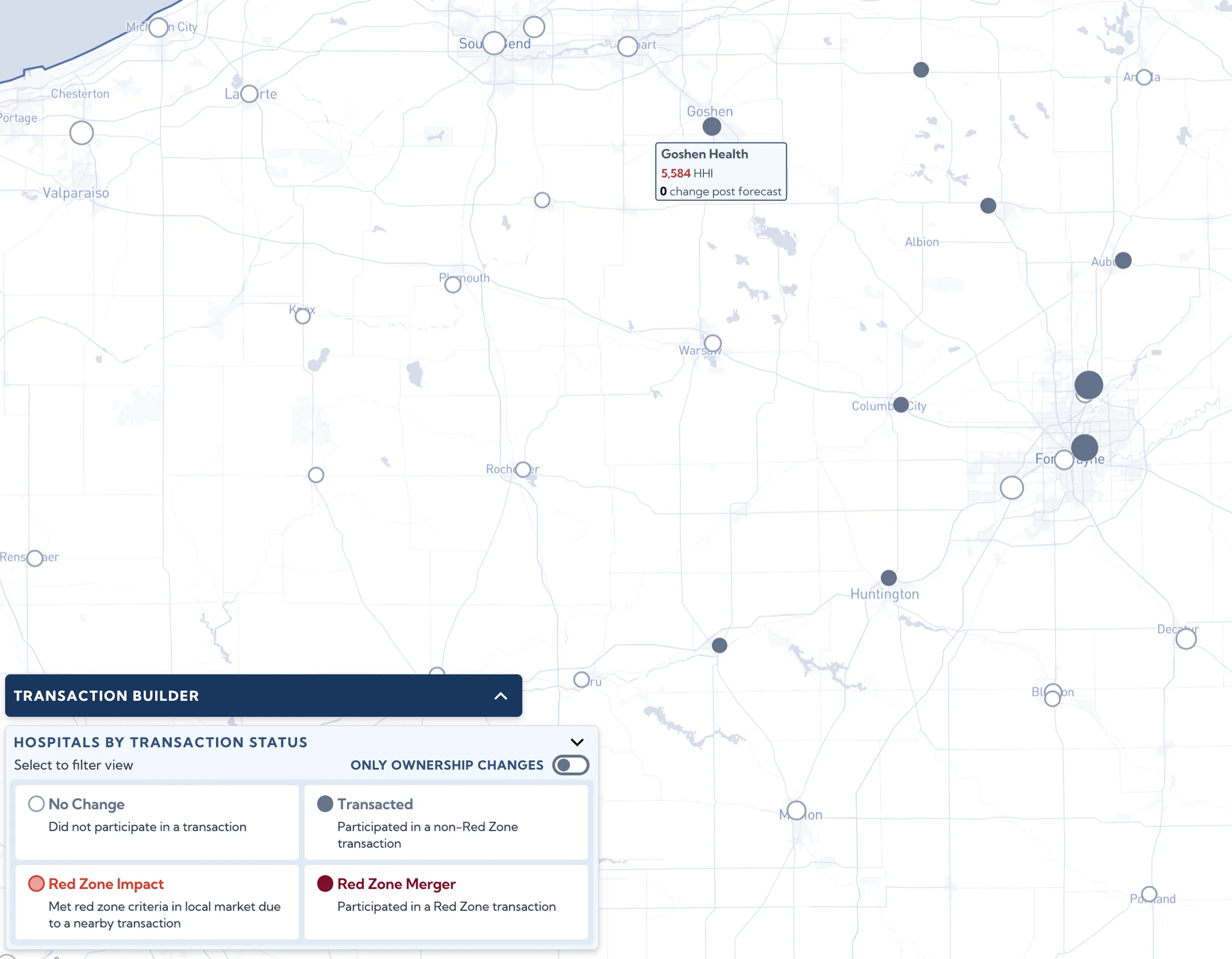 Forecast map showing proposed Parkview Health and Goshen Health merger in Indiana, with callout for Goshen Health at 5,584 HHI with no change