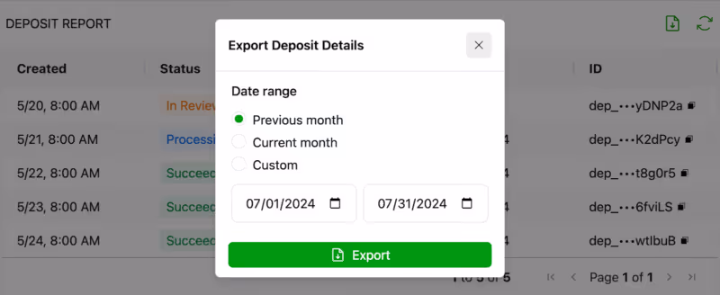screenshot of export dialog box for deposit report component