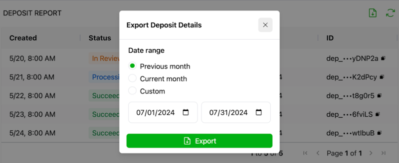 screenshot of export dialog box for deposit report component