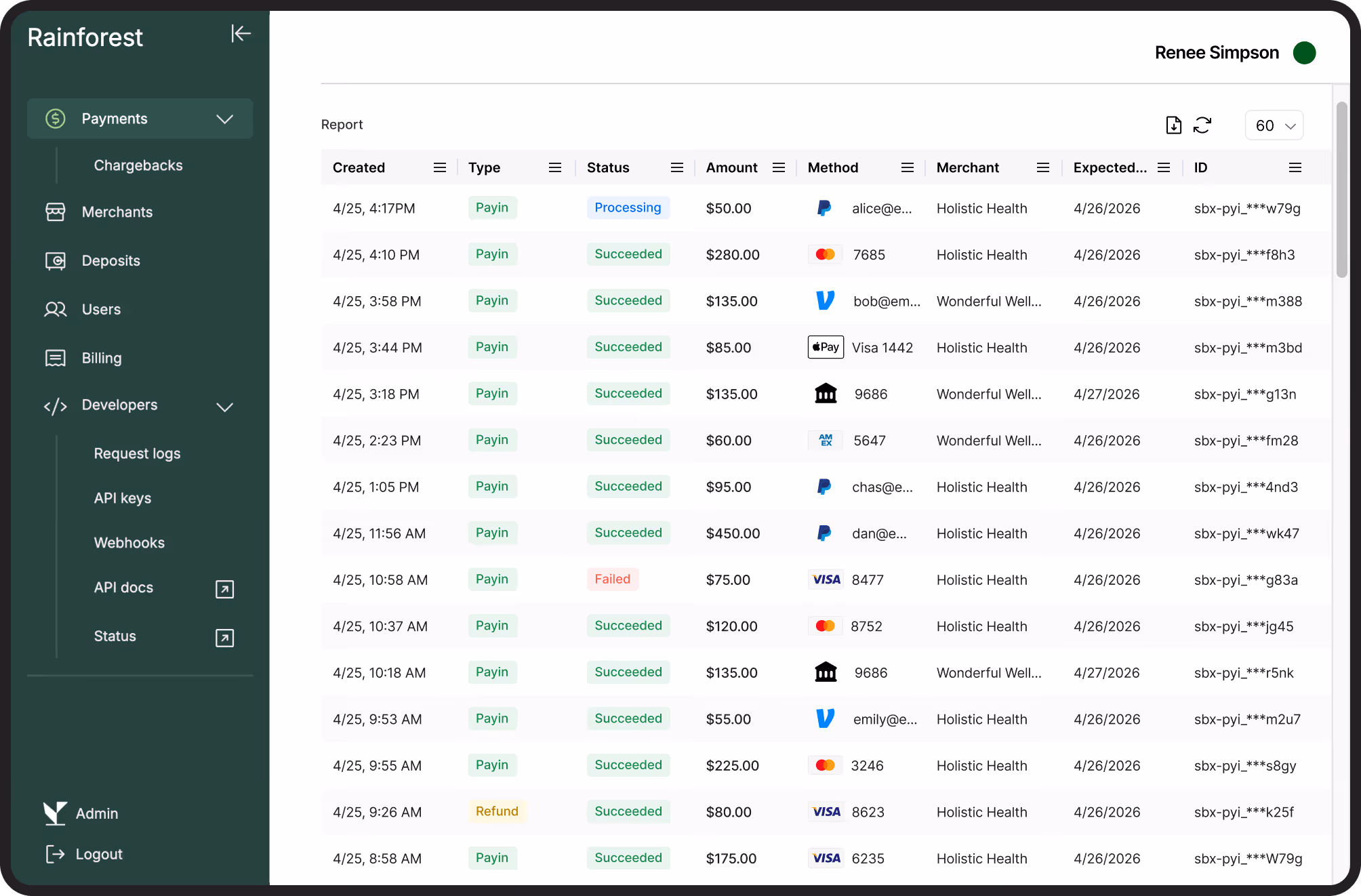 Rainforest payments dashboard shows transactions, statuses, amounts, customer details, and card types in a SaaS platform interface