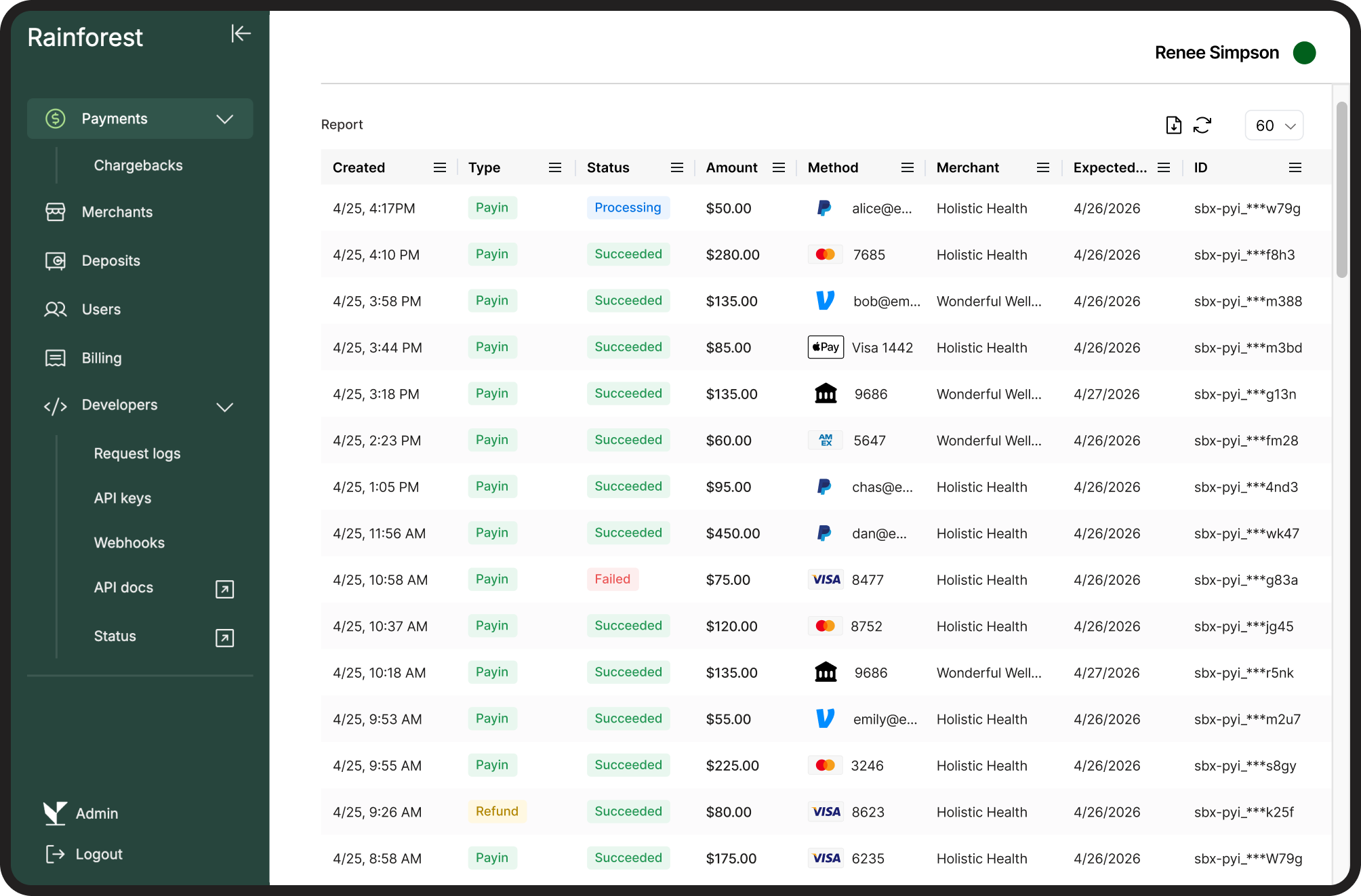Embedded payments dashboard showing transaction data, status, amounts, and payment methods