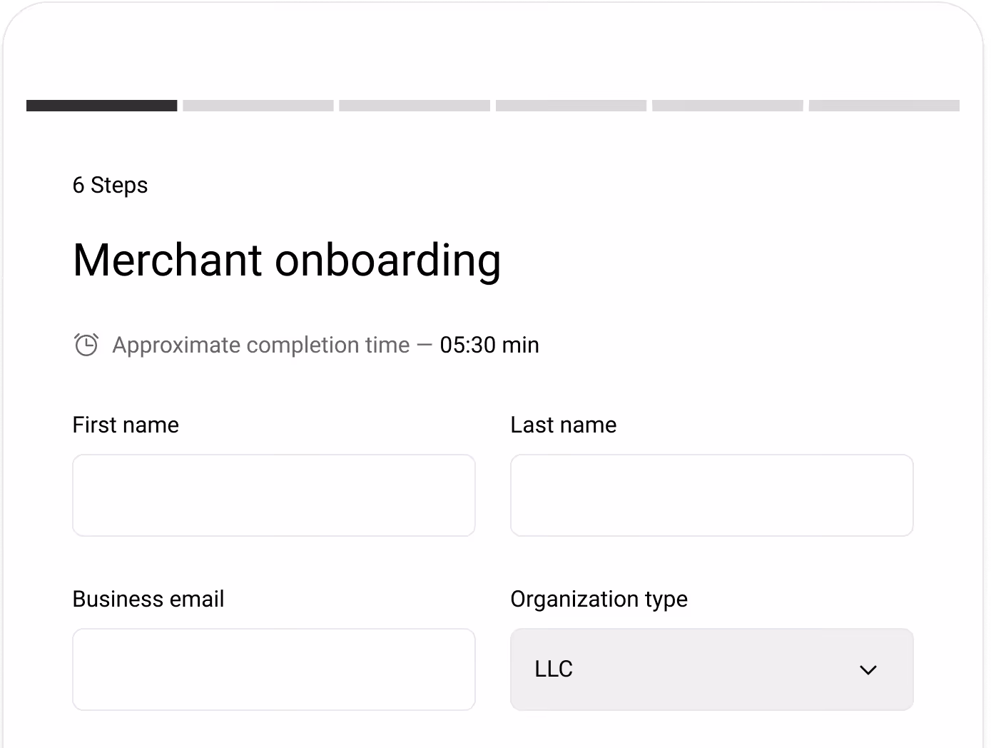 Merchant onboarding form inside SaaS platform with user details and individual or organization selection