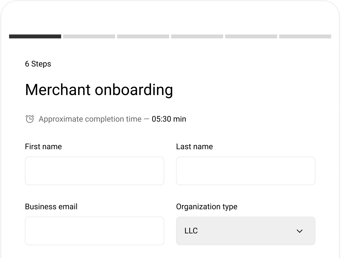 Merchant onboarding form inside SaaS platform with user details and individual or organization selection