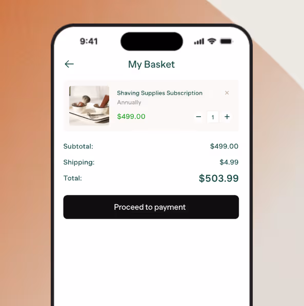 White-labeled embedded payment checkout within a SaaS app showing cart summary, subscription pricing, and in-app payment flow 