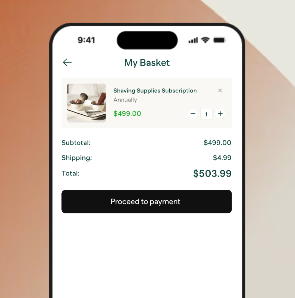 White-labeled embedded payment checkout within a SaaS app showing cart summary, subscription pricing, and in-app payment flow
