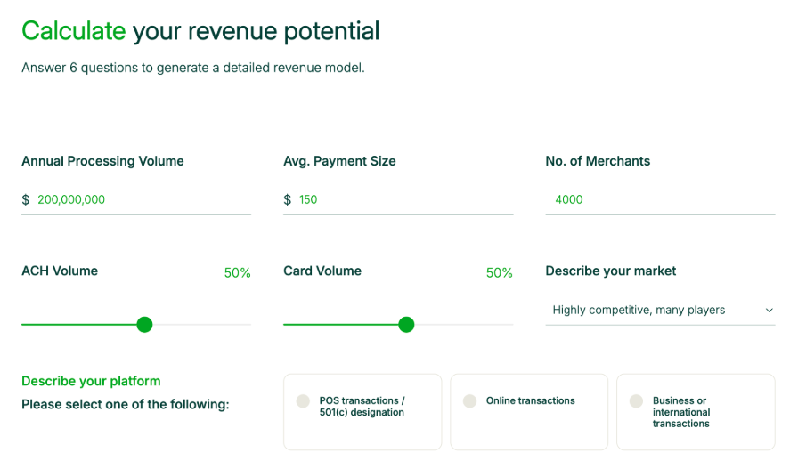 Rainforest revenue calculator showing processing volume, payment size, merchant count, and projected payment mix inputs