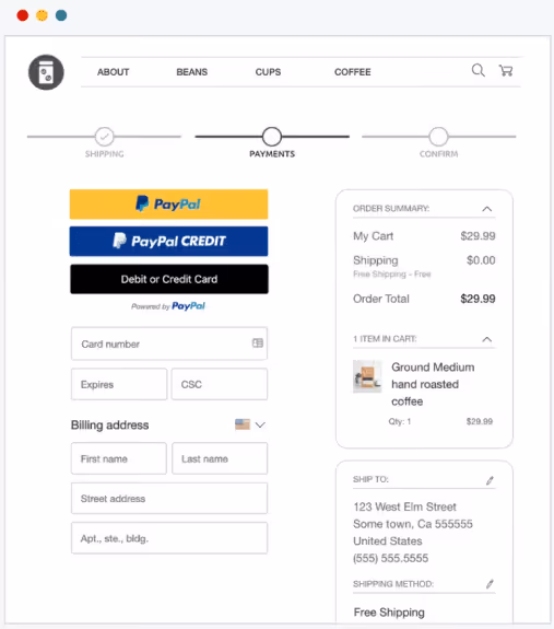 PayPal checkout page shows payment options, credit card form, order summary, and billing details in an ecommerce flow