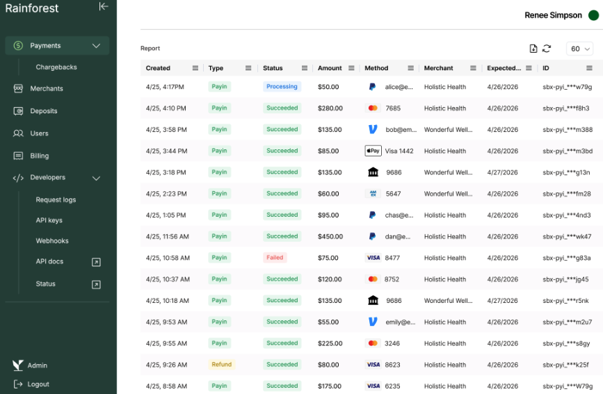 Rainforest payments dashboard shows transaction reporting, merchant activity, payouts, and payment statuses