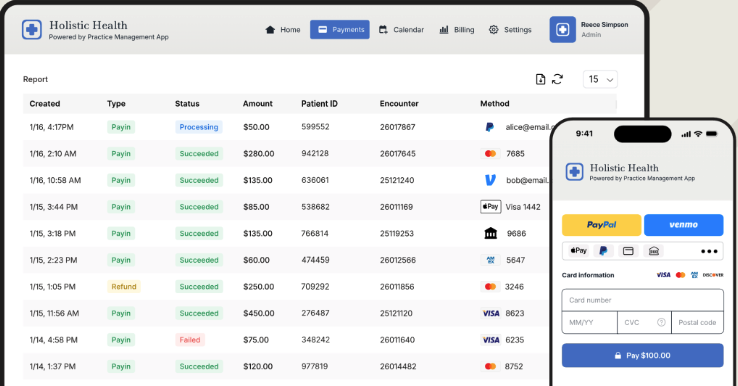 Practice management platform with embedded payment dashboard and mobile checkout (