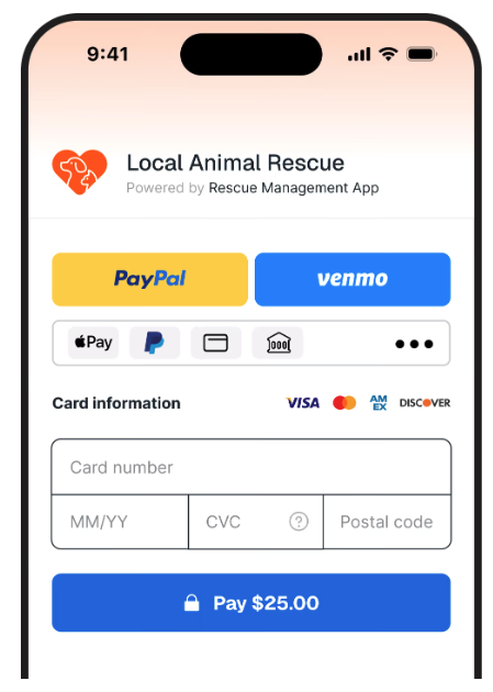 Rainforest mobile payments dashboard shows a white-labeled embedded payments UI showing card entry, PayPal, Apple Pay, and in-app checkout experience