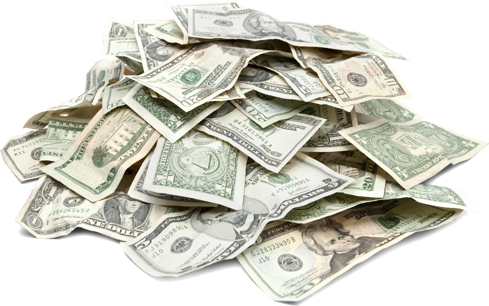 Pile of crumpled US dollar bills in various denominations