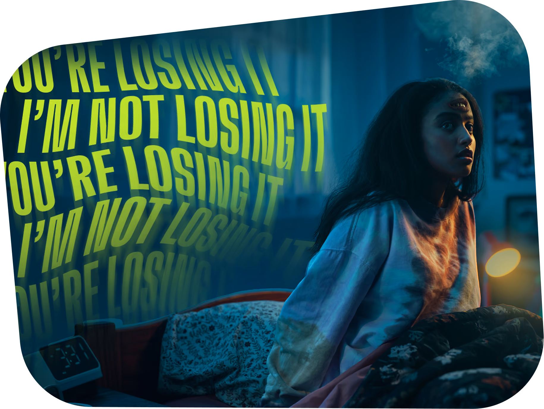 A young woman with long dark hair sits up in bed in a dimly lit room, looking contemplative with light casting shadows on her face, and a digital clock showing 3:31 nearby; behind her, neon yellow text repeatedly says 'YOU'RE LOSING IT' and 'I'M NOT LOSING IT' in a distorted pattern.