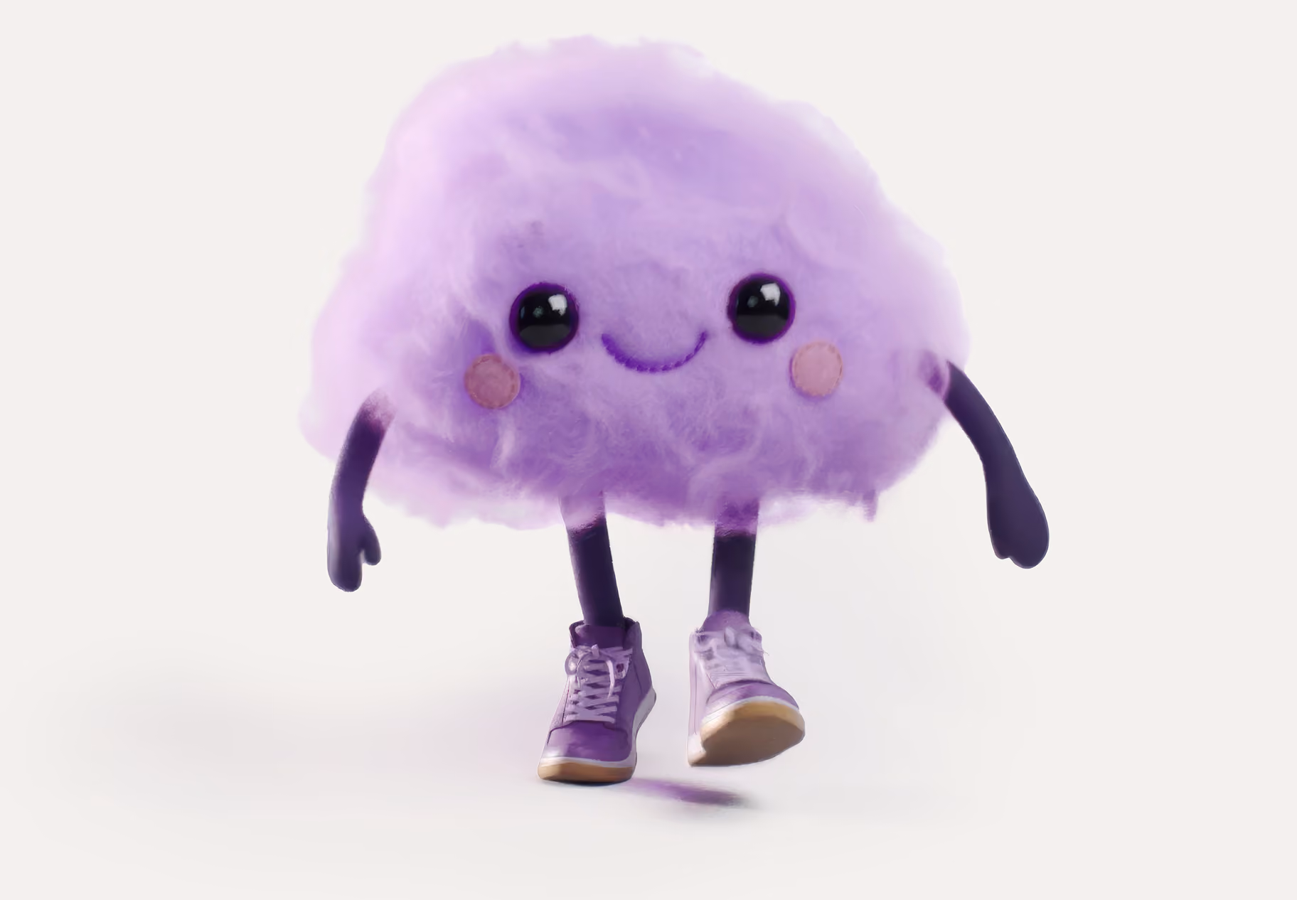 A cute, fluffy purple character with big black eyes, rosy cheeks, and a smiling mouth, with thin black arms and legs wearing purple sneakers.