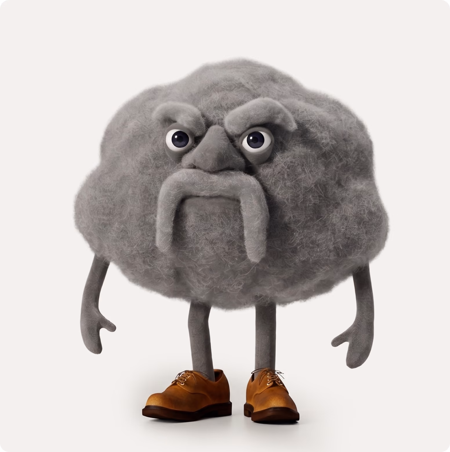 A gray fuzzy cloud character with a stern expression, large eyes, thick eyebrows, a drooping moustache, thin arms, legs, and wearing brown shoes, standing on a plain white background.