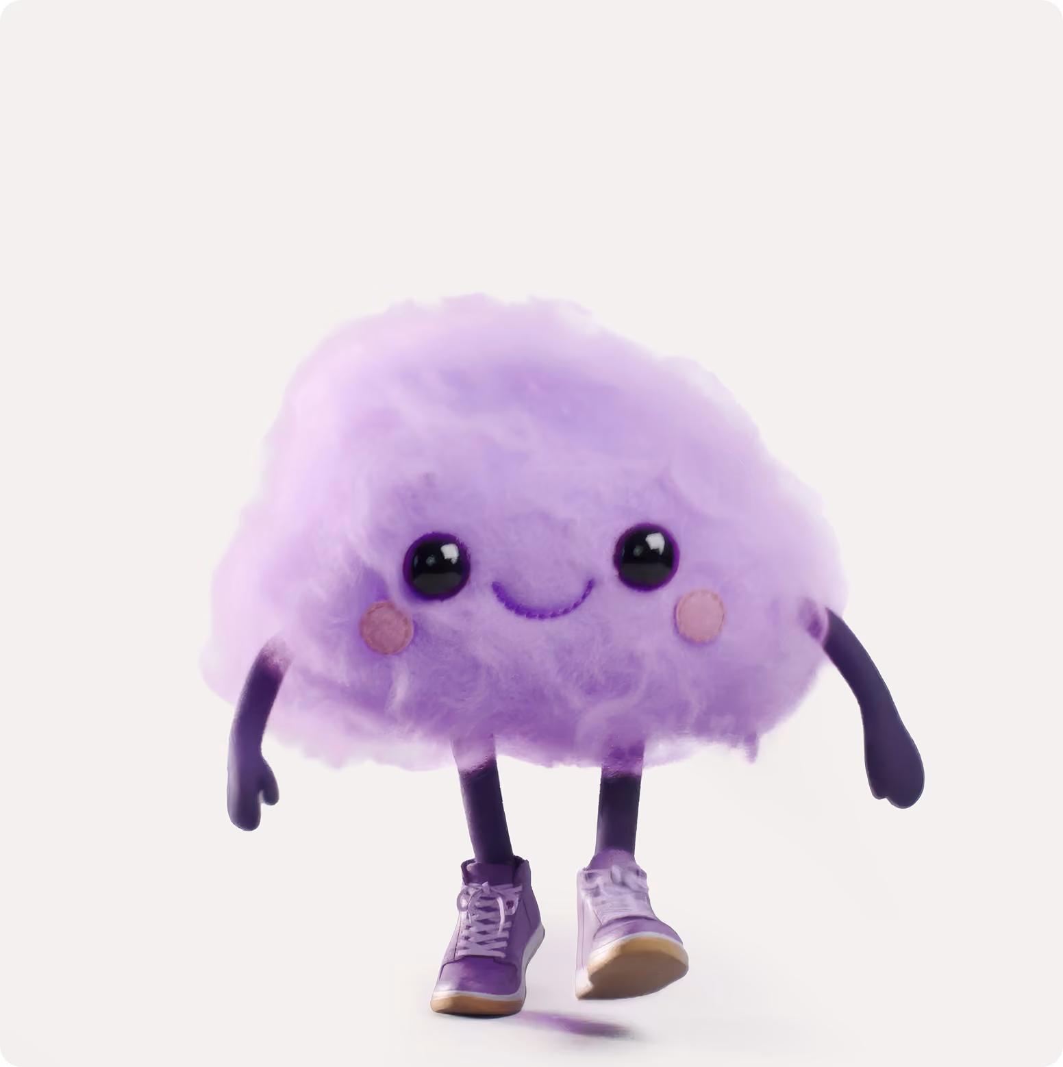 Cute fluffy purple cloud character with big shiny eyes, rosy cheeks, smiling mouth, black arms and legs, wearing purple sneakers on a white background.