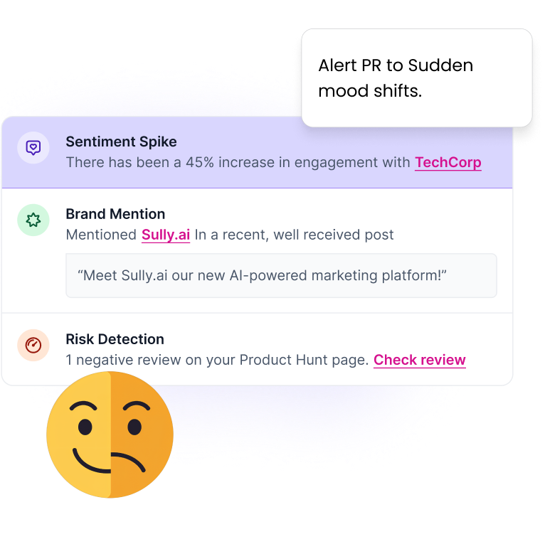 Sentiment Spike signal used to alert PR teams when there are sudden shifts in audience mood or engagement.