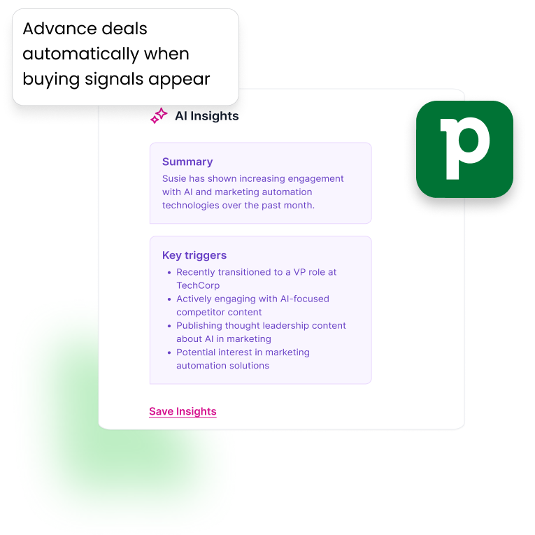 AI Insights panel for automatically advancing deals based on buying signals. Shows summary about Susie's engagement with AI and marketing automation, with key triggers including VP role transition, AI content engagement, thought leadership publishing, and marketing automation interest.