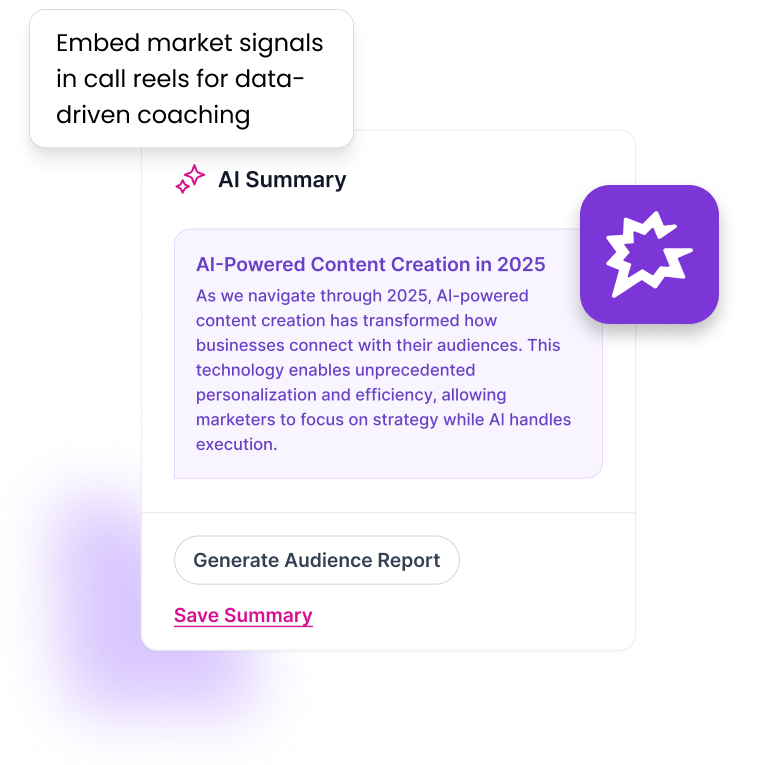 AI Summary interface for embedding market signals in sales coaching. Features content about AI-powered content creation in 2025, describing how the technology enables personalization and efficiency. Includes "Generate Audience Report" and "Save Summary" buttons.