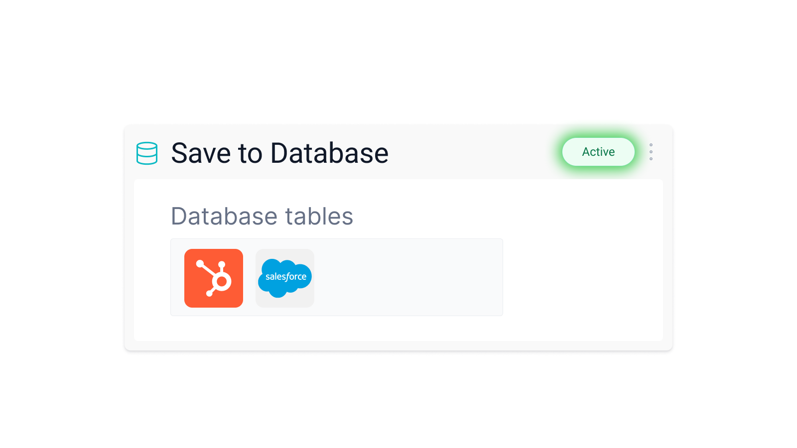 Save to Database interface showing active status with HubSpot and Salesforce integration options for database table connections