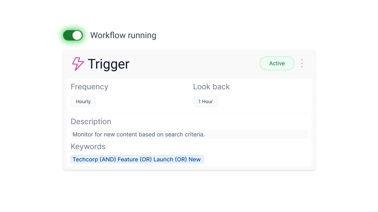 Workflow automation trigger settings showing active status, hourly frequency, 1-hour lookback period, and boolean search keywords for Techcorp brand monitoring