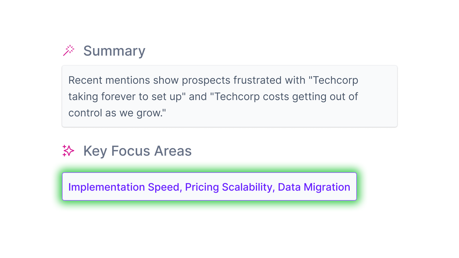 Sales intelligence summary showing competitor mentions and key focus areas including implementation speed, pricing scalability, and data migration for sales strategy