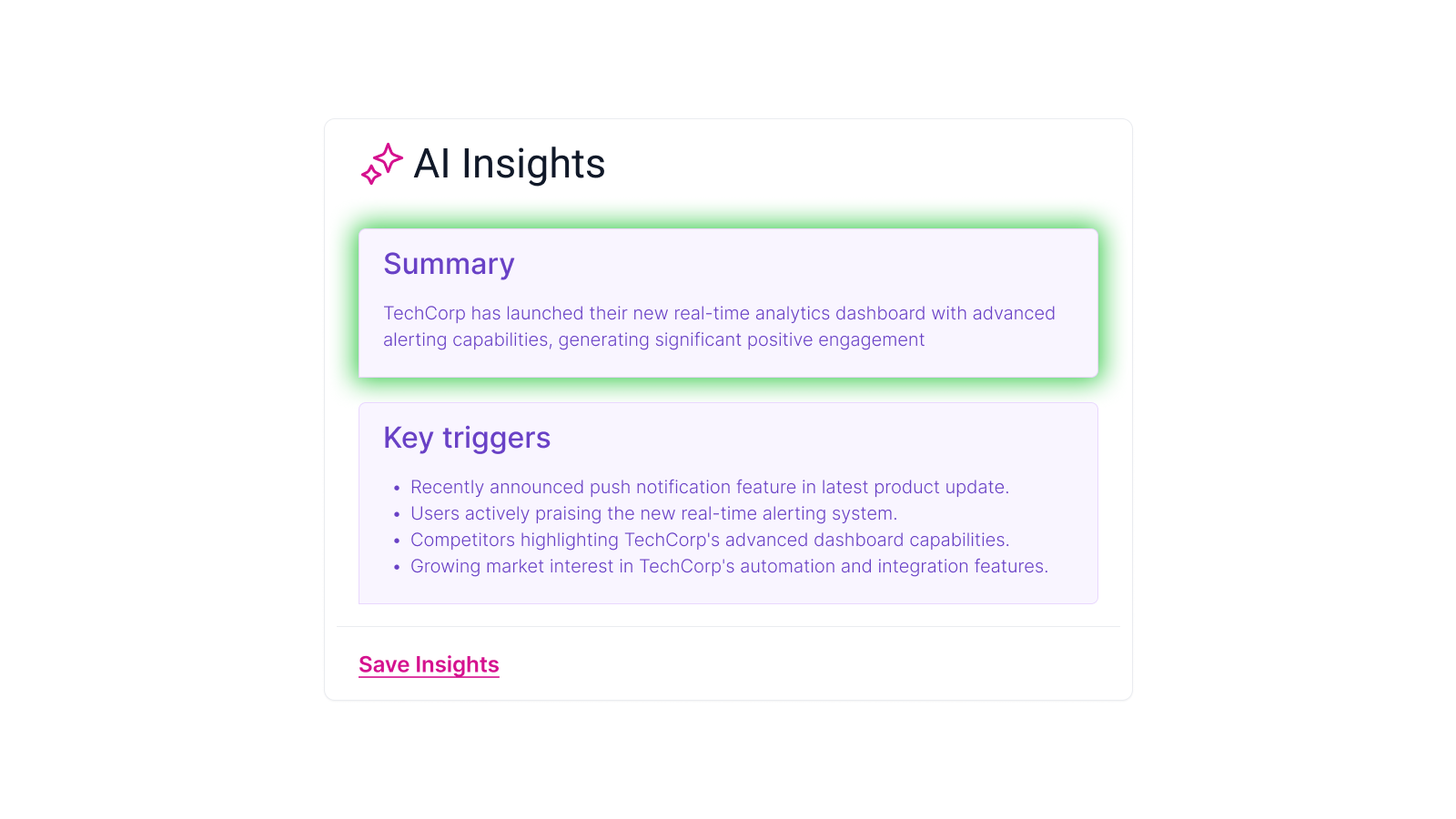 AI Insights dashboard showing competitor analysis summary of TechCorp's new analytics launch with highlighted summary section, key triggers list, and Save Insights button