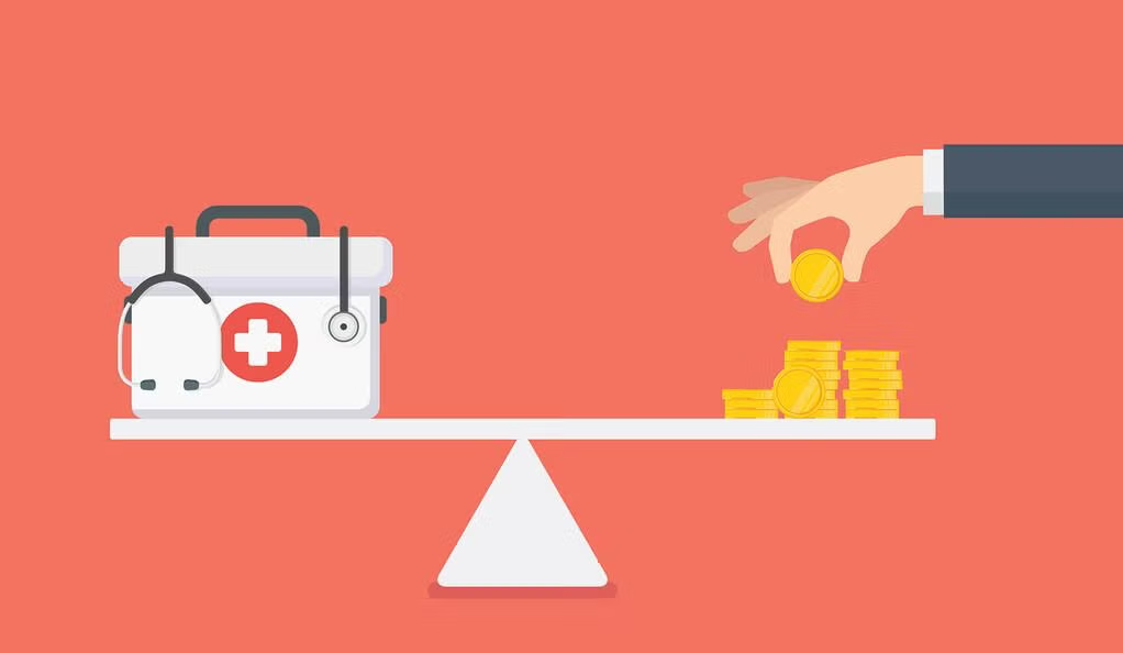 illustration of hospital first aid kit and money on scale