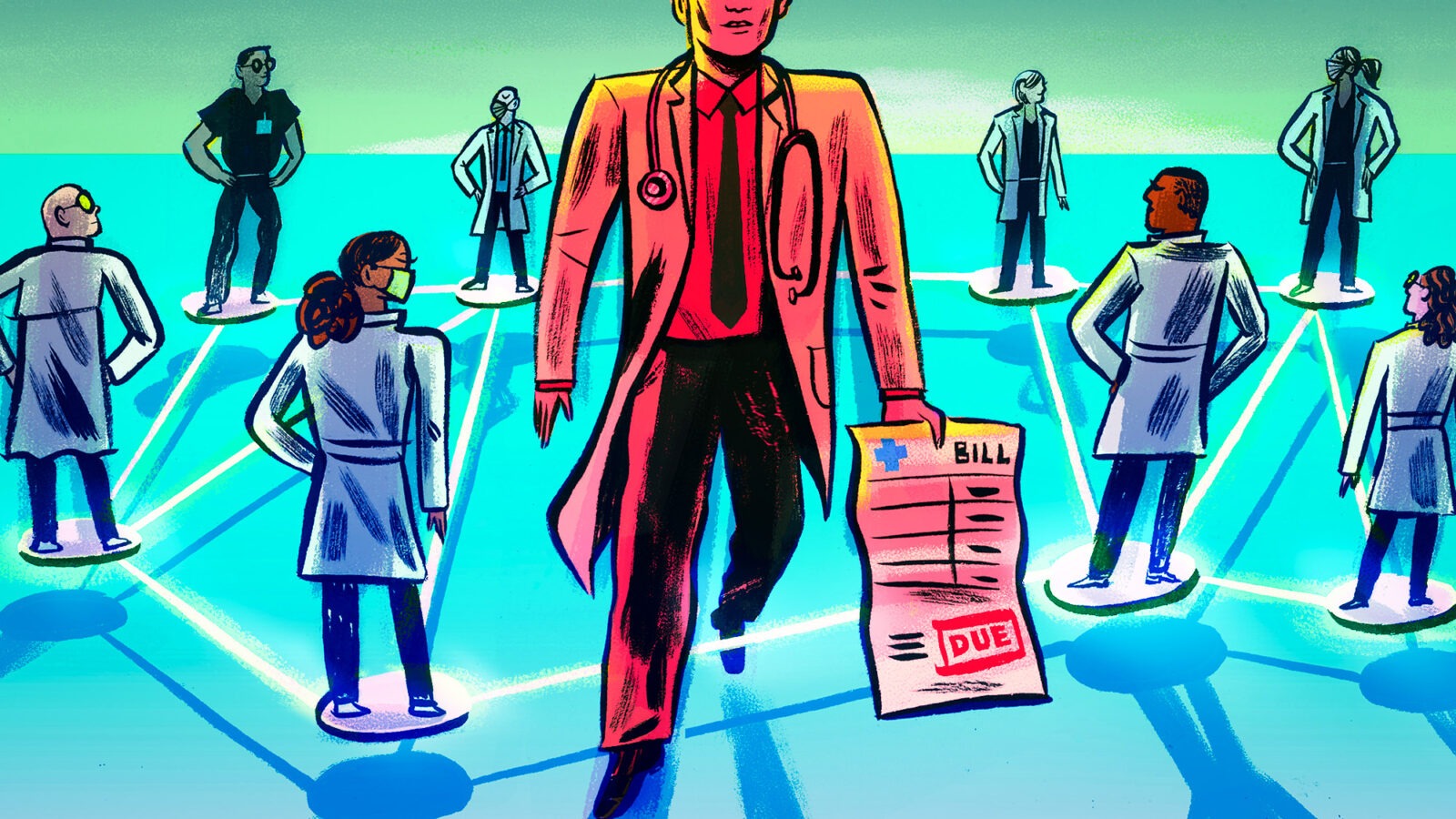 illustration of doctors and healthcare workers holding medical bills