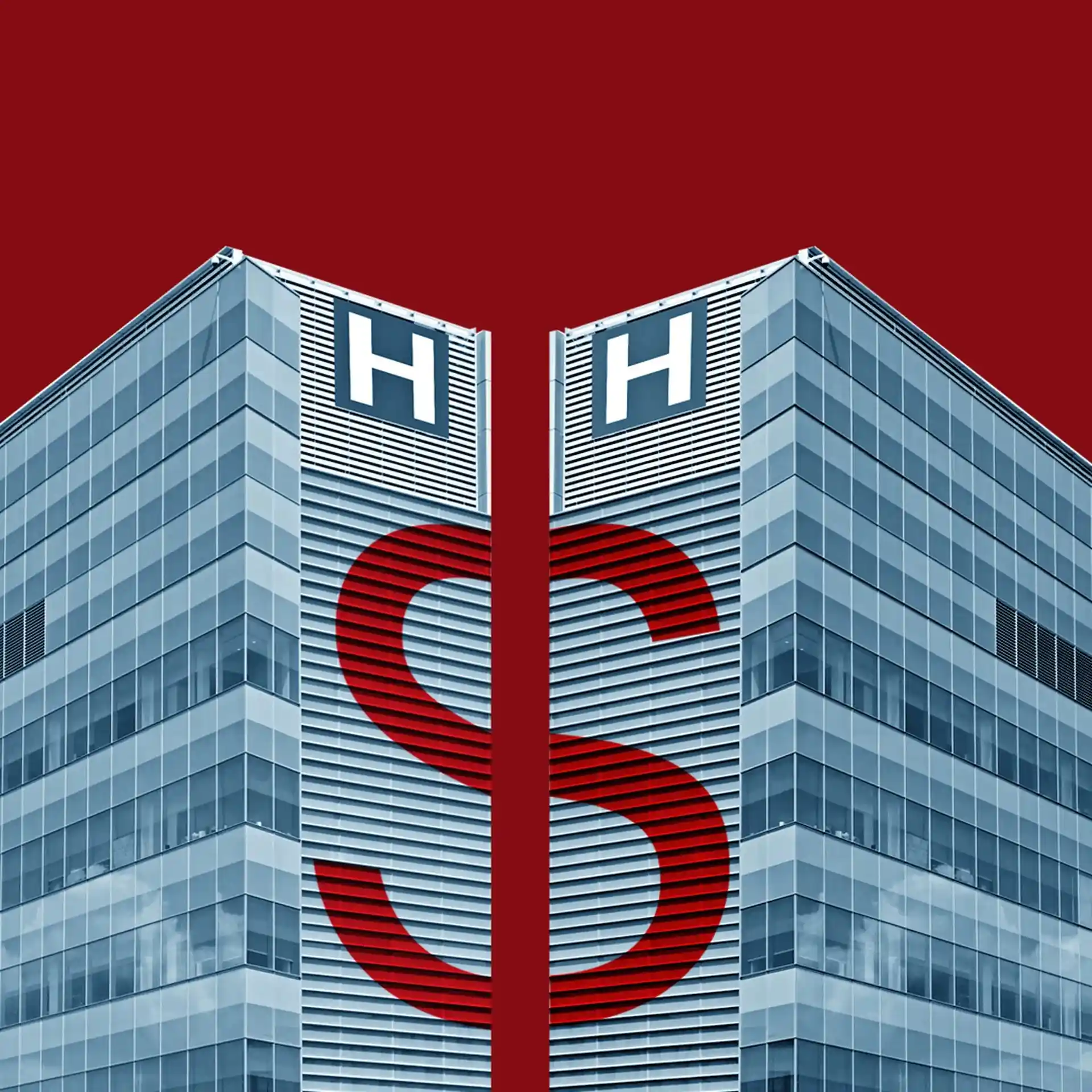 illustration of hospital buildings with a dollar sign painted on front