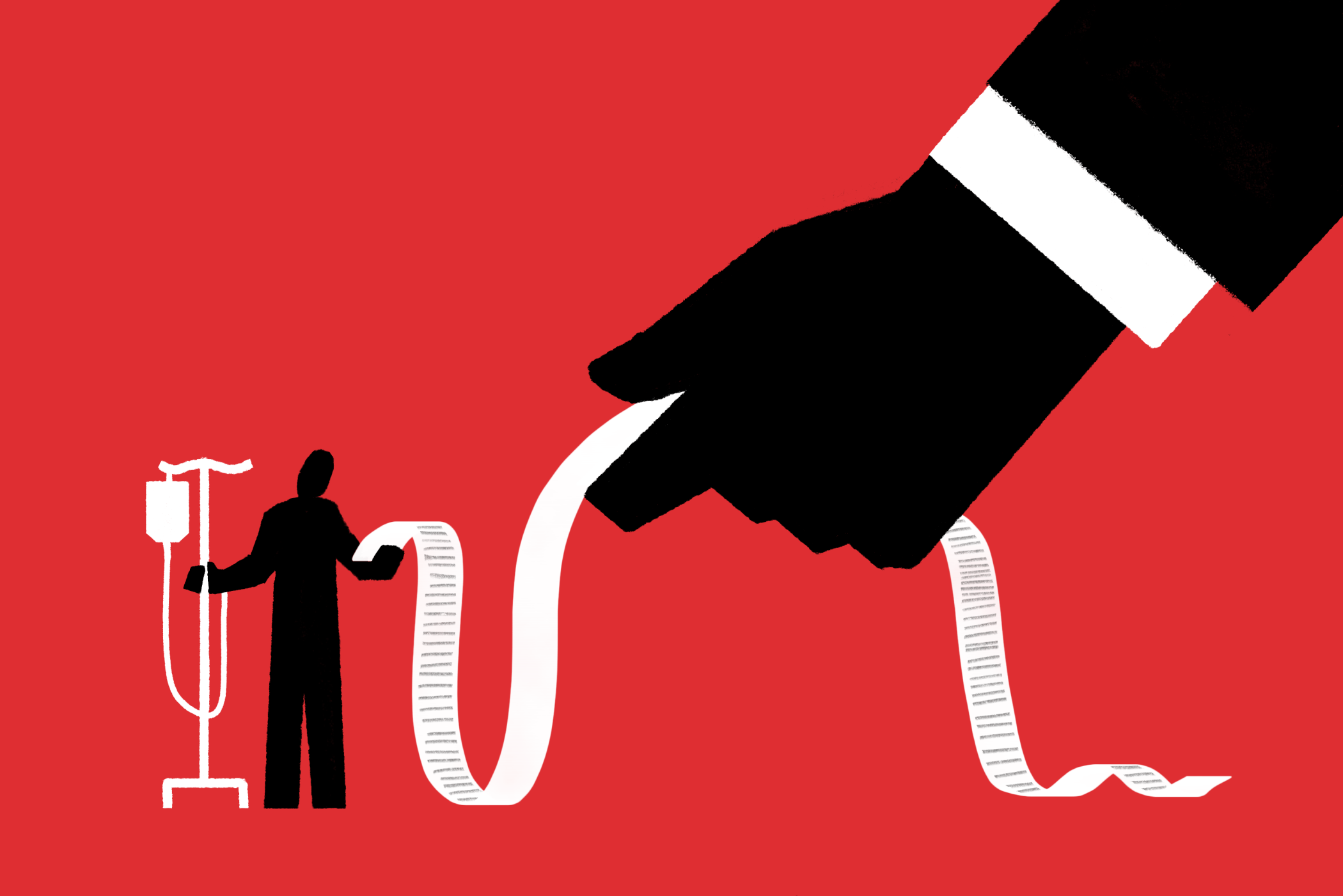 illustration of hospital patient on leash of a long bill